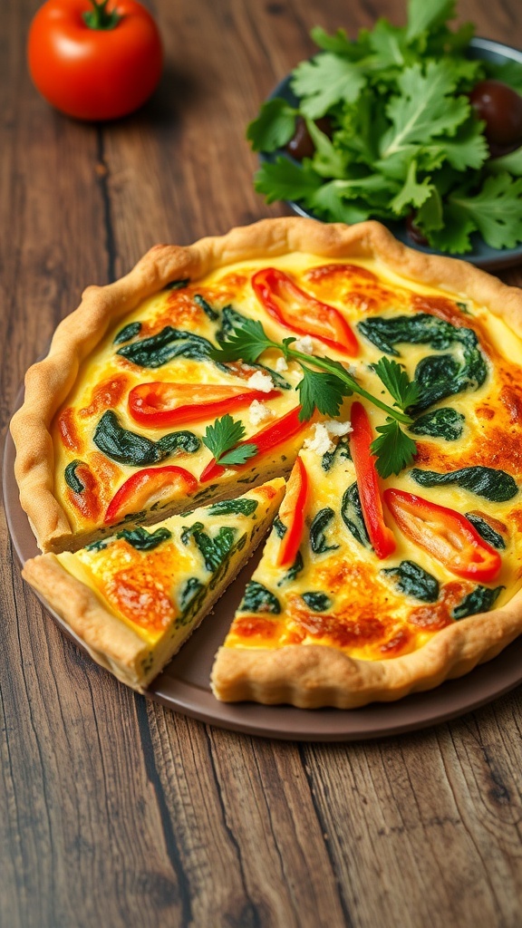 A slice of savory quiche with spinach and bell peppers, garnished with herbs, on a wooden table.